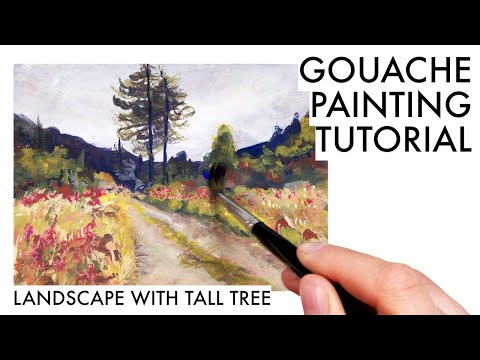 Landscape with tall tree | Gouache tutorial